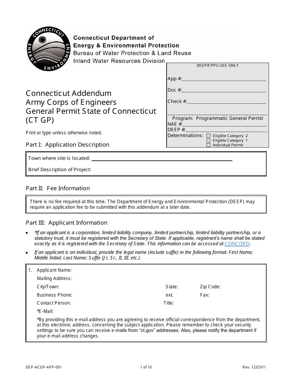 Form DEP-ACGP-APP-001 Connecticut Addendum Army Corps of Engineers General Permit (Ct Gp) - Connecticut, Page 1