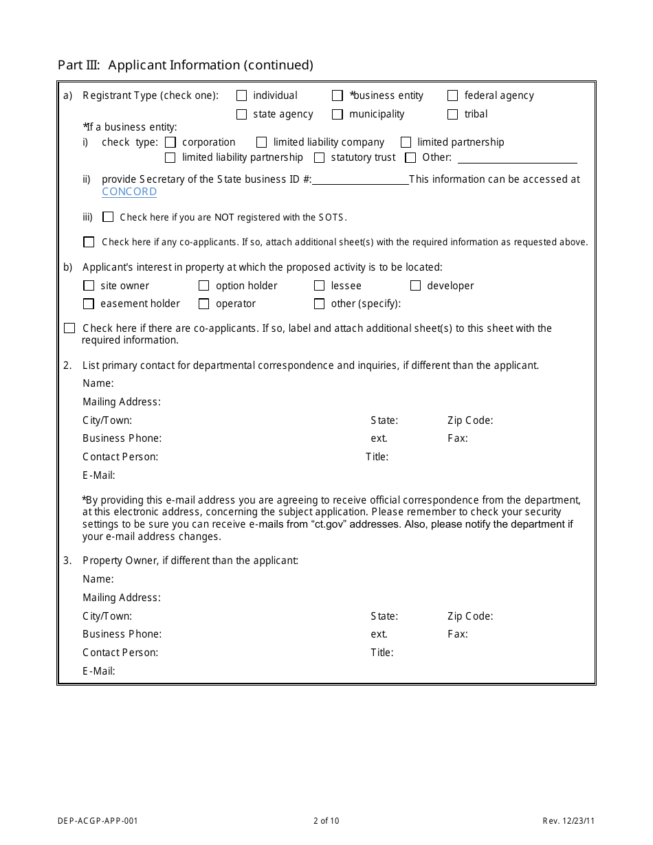 Form DEP-ACGP-APP-001 Connecticut Addendum Army Corps of Engineers General Permit (Ct Gp) - Connecticut, Page 2