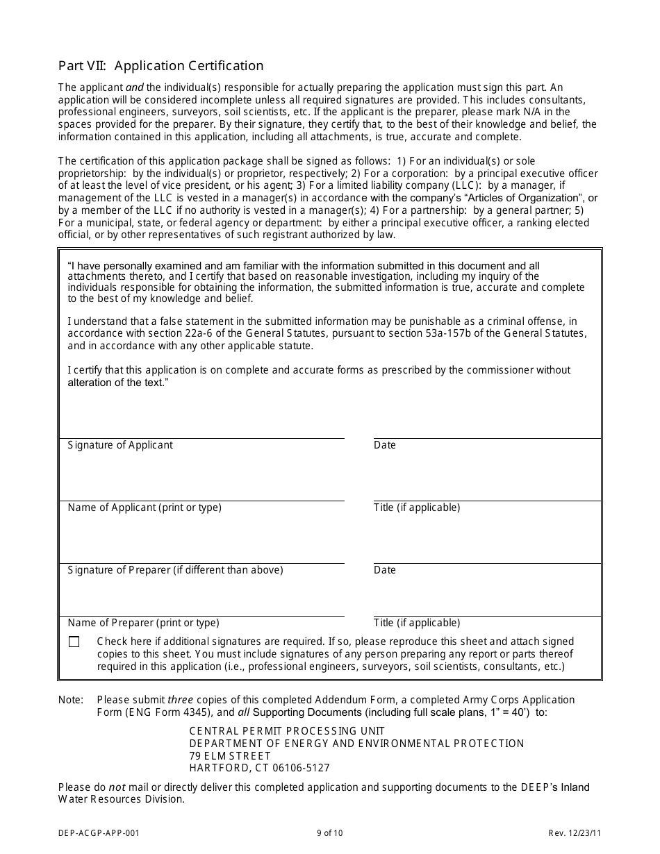 Form DEP-ACGP-APP-001 Connecticut Addendum Army Corps of Engineers General Permit (Ct Gp) - Connecticut, Page 9