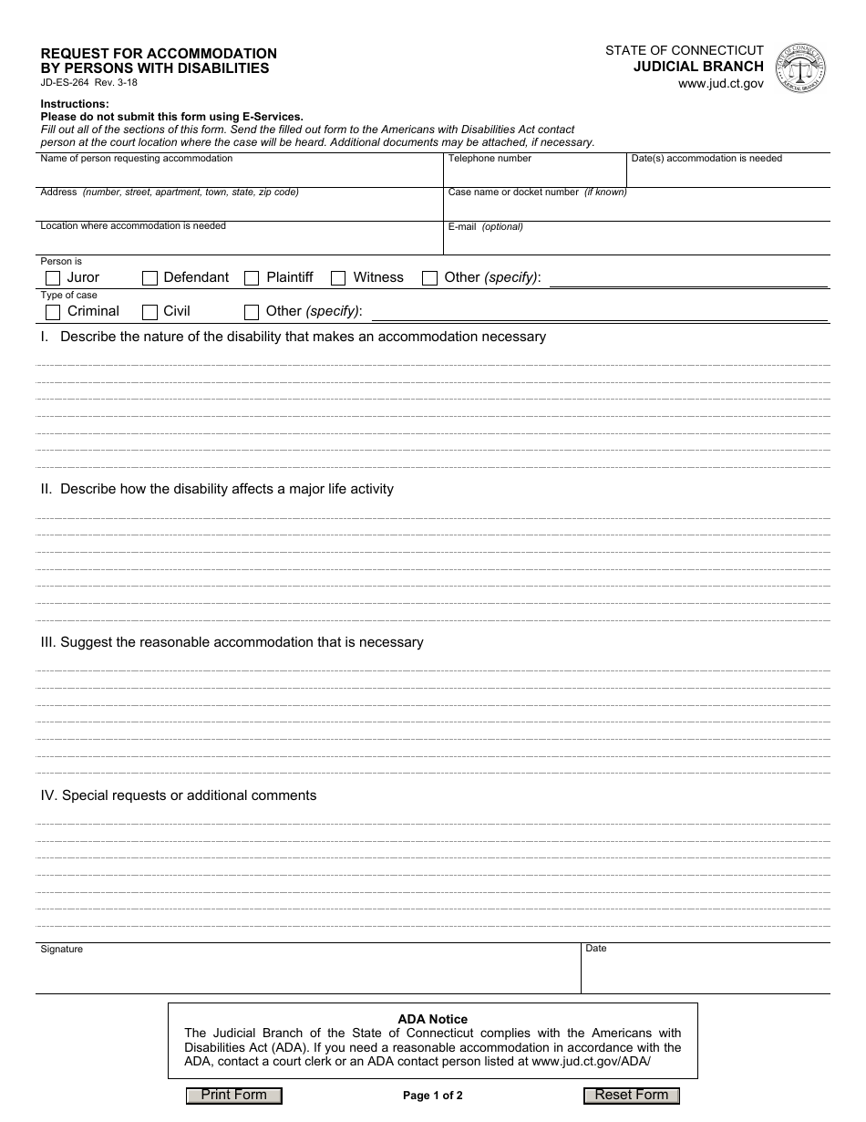 Form JD-ES-264 Request for Accommodation by Persons With Disabilities - Connecticut, Page 1