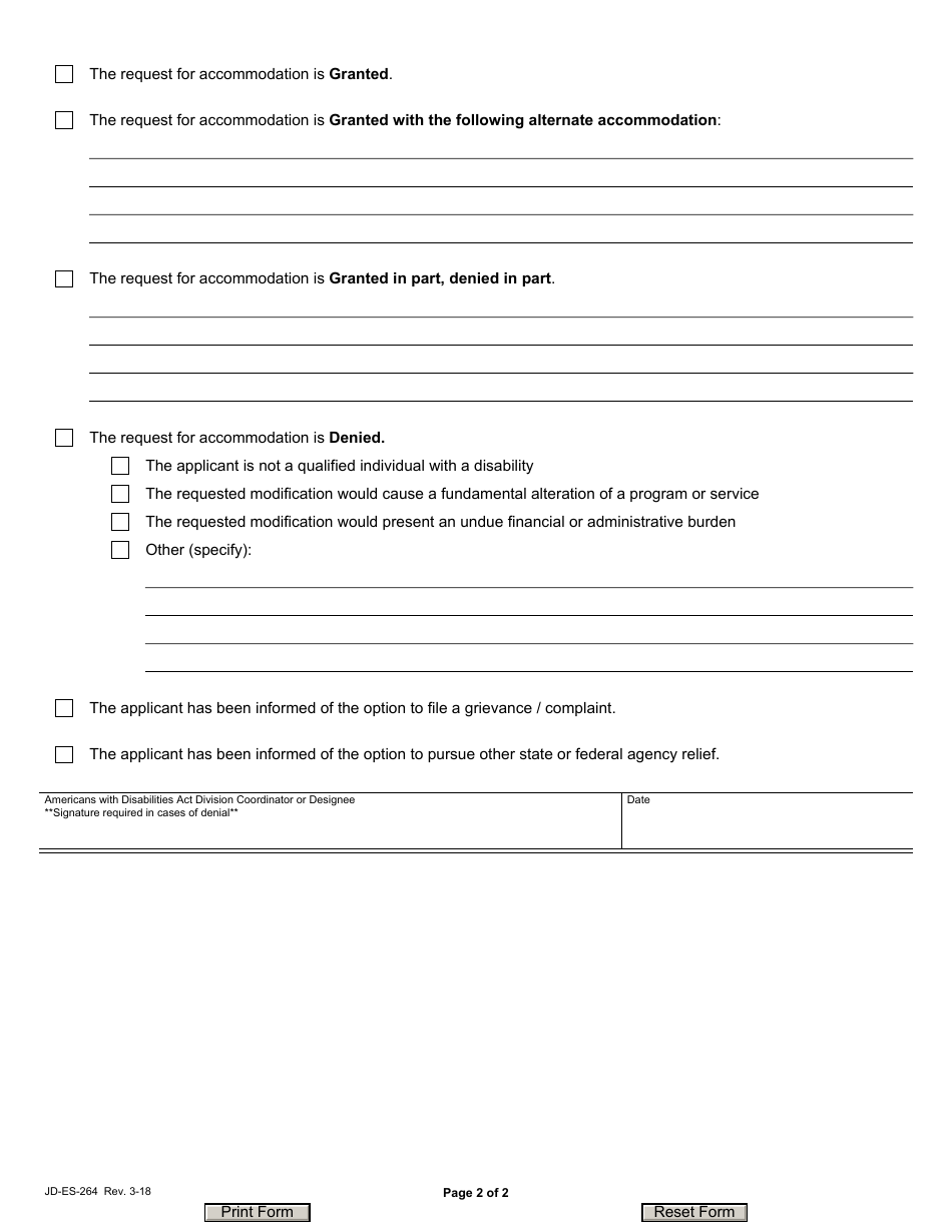 Form JD-ES-264 Request for Accommodation by Persons With Disabilities - Connecticut, Page 2
