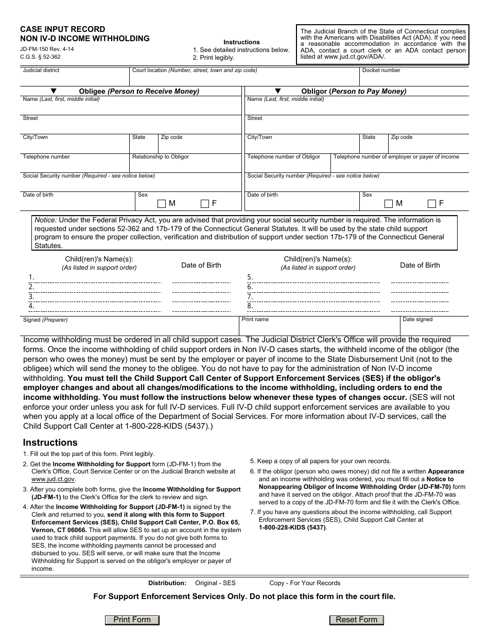Form JD-FM-150 Case Input Record Non IV-D Income Withholding - Connecticut, Page 1
