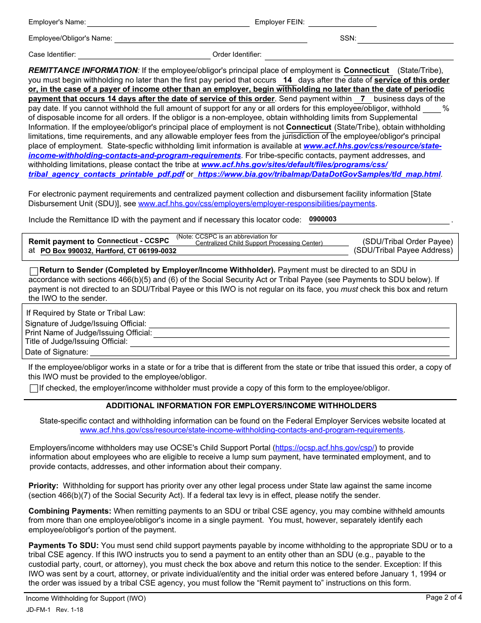 Form JD-FM-1 Income Withholding for Support - Connecticut, Page 2