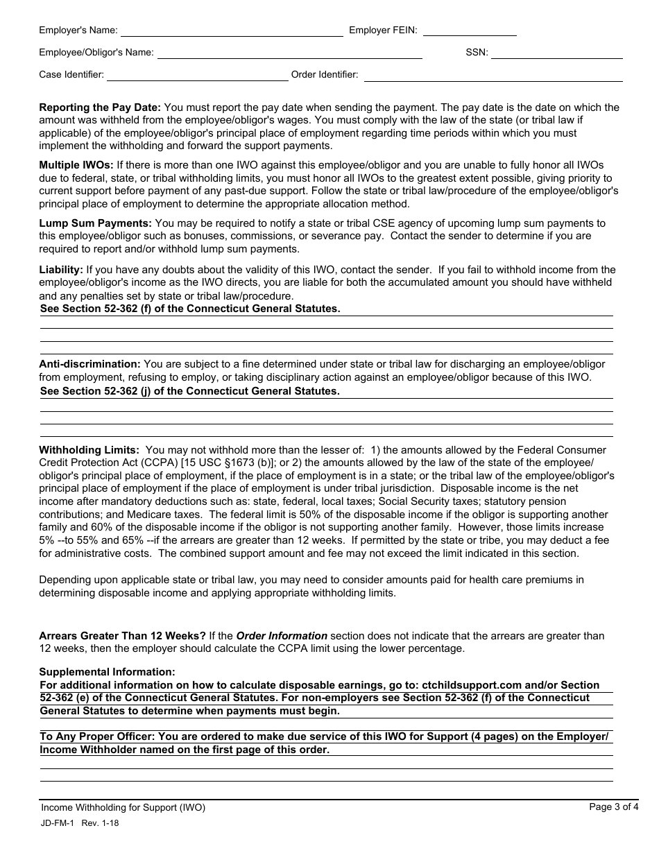Form JD-FM-1 Income Withholding for Support - Connecticut, Page 3