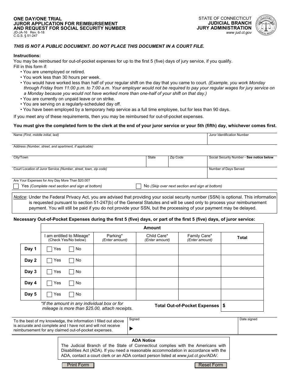 Form JD-JA-16 One Day / One Trial Juror Application for Reimbursement and Request for Social Security Number - Connecticut, Page 1