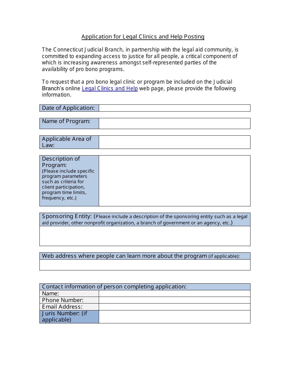 Application for Legal Clinics and Help Posting - Connecticut, Page 1