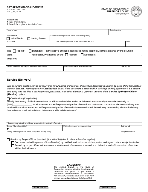 Form JD-CV-164 Satisfaction of Judgment - Connecticut