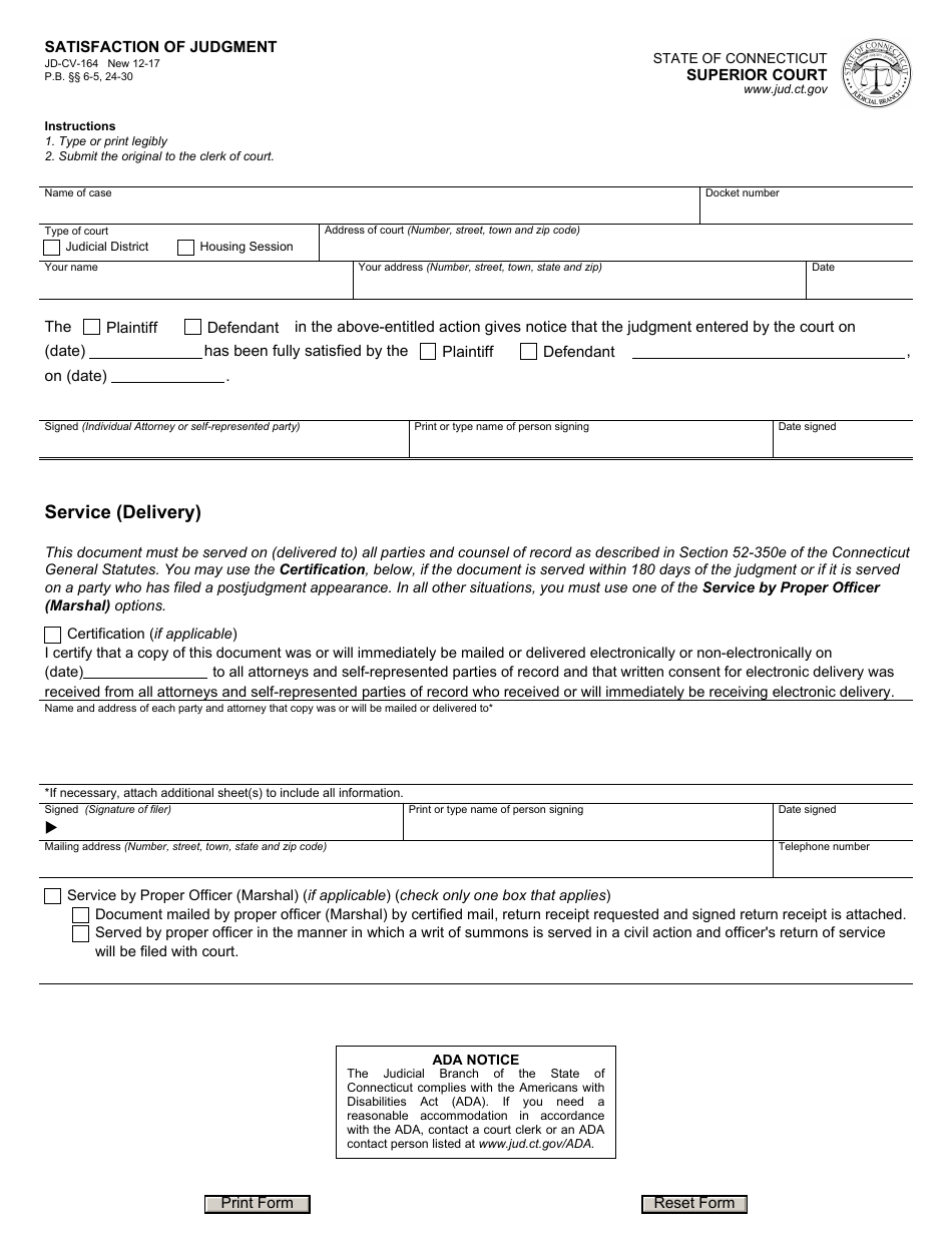 Form JD-CV-164 Satisfaction of Judgment - Connecticut, Page 1