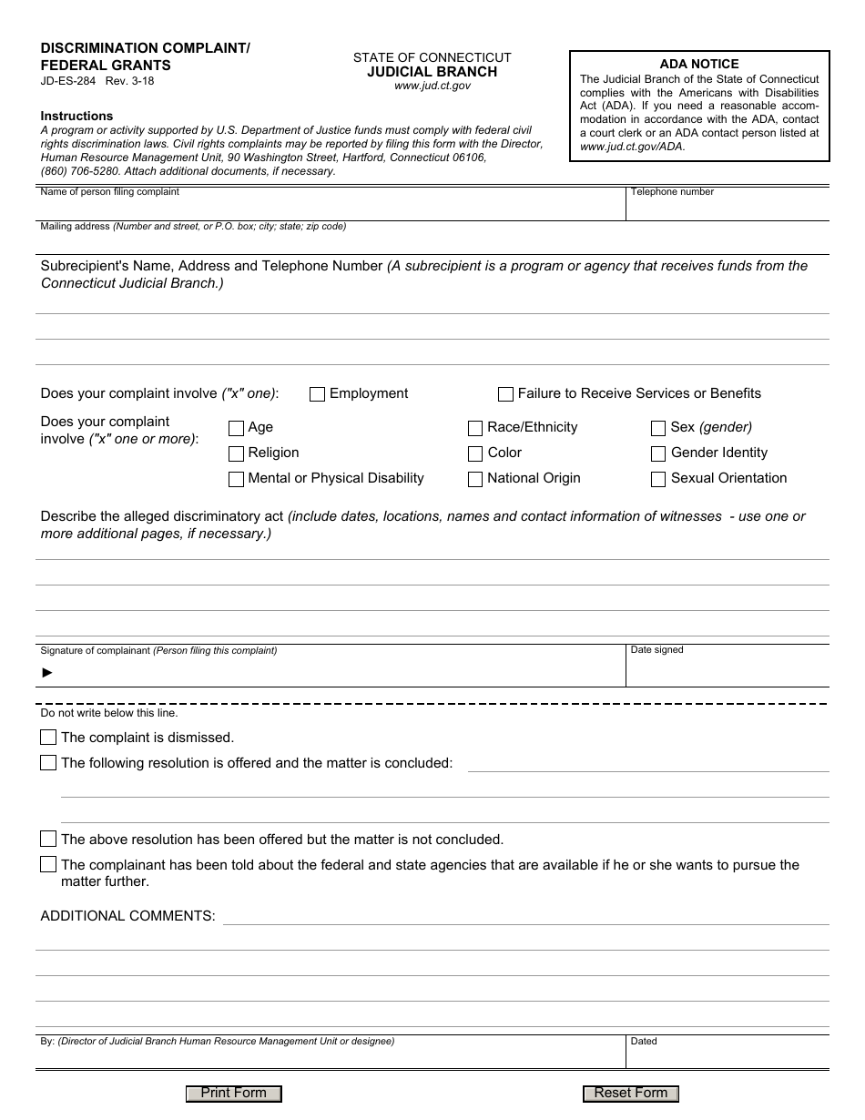 Form JD-ES-284 Discrimination Complaint / Federal Grants - Connecticut, Page 1