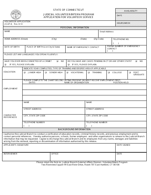 Form JD-AP-8 Judicial Volunteer/Intern Program Application for Volunteer Service - Connecticut