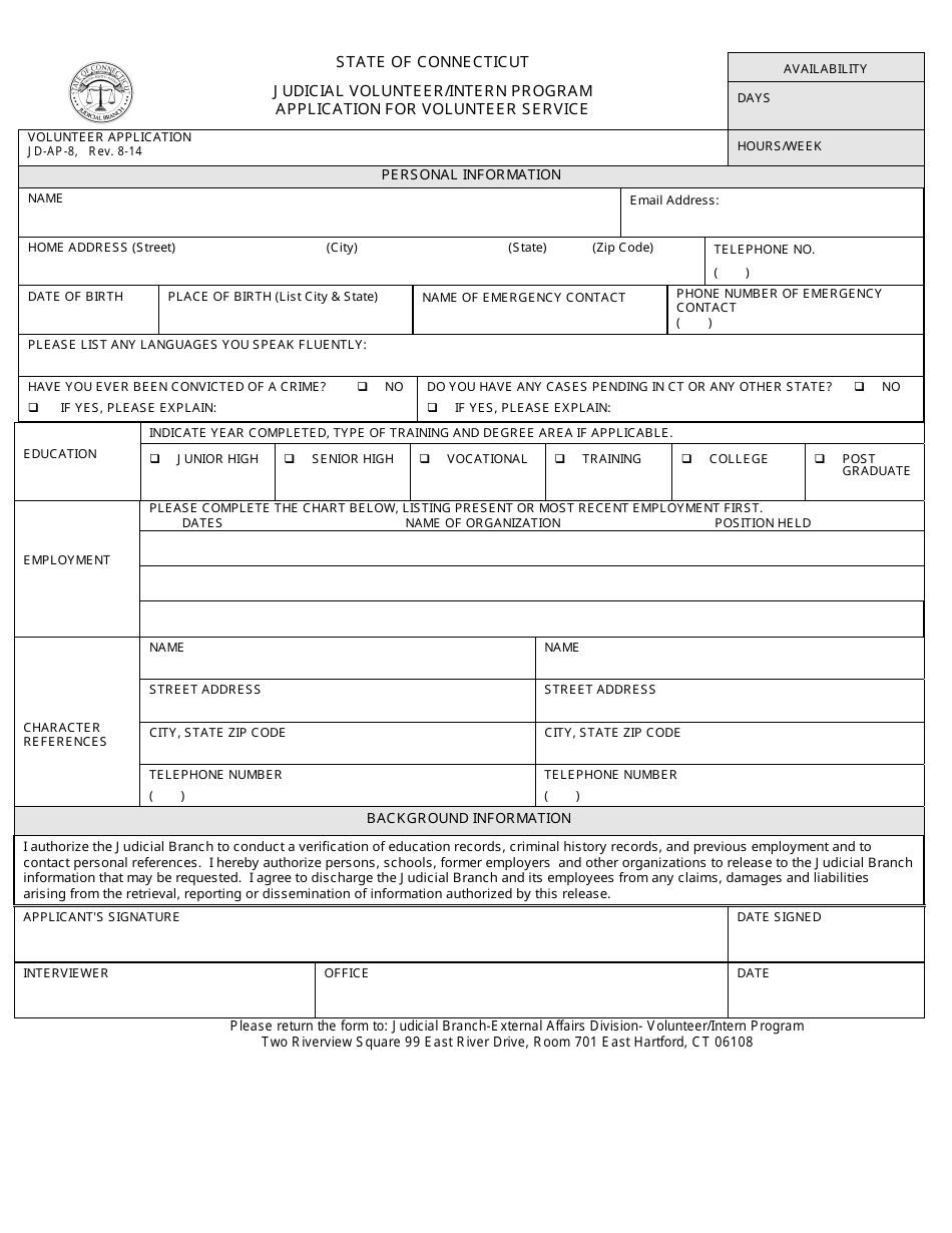 Form JD-AP-8 Judicial Volunteer / Intern Program Application for Volunteer Service - Connecticut, Page 1