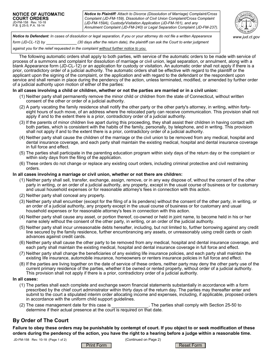 Form JD-FM-158 Notice of Automatic Court Orders - Connecticut, Page 1