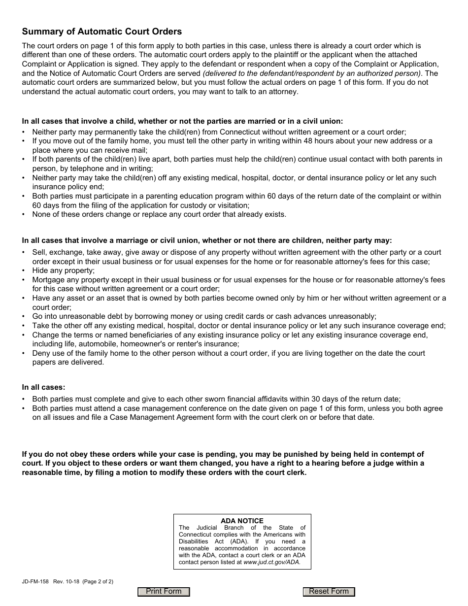 Form JD-FM-158 Notice of Automatic Court Orders - Connecticut, Page 2