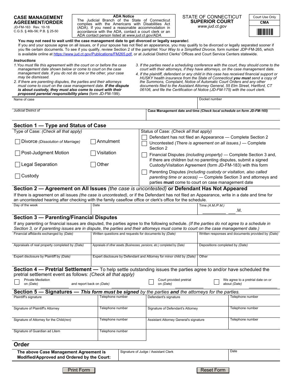 Form JD-FM-163 Case Management Agreement / Order - Connecticut, Page 1