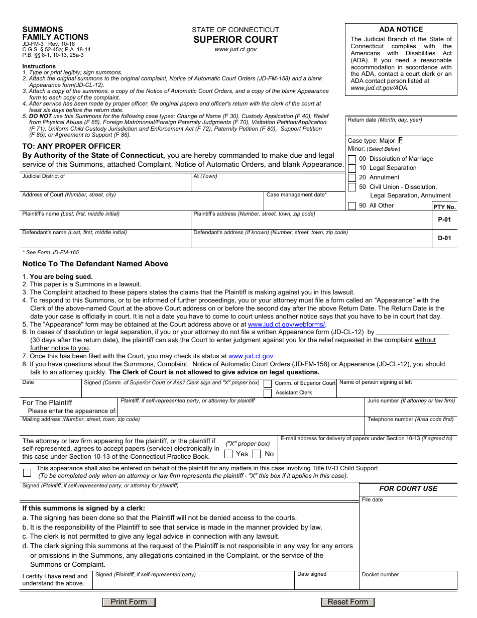 Form JD-FM-3 Summons, Family Actions - Connecticut, Page 1