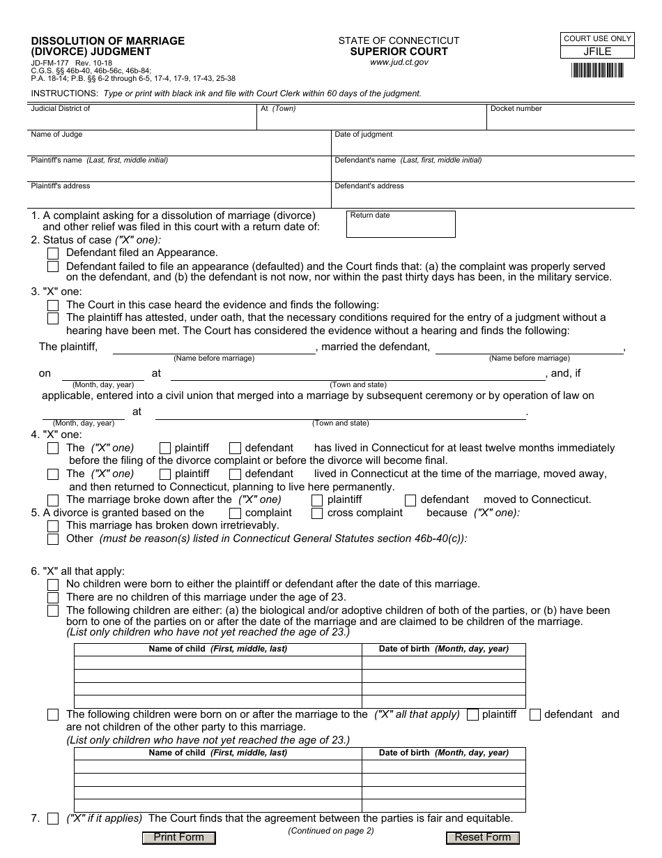 Form JD-FM-177 Dissolution of Marriage (Divorce) Judgment - Connecticut, Page 1