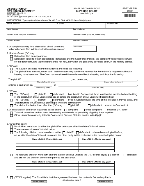 Form JD-FM-177A Dissolution of Civil Union Judgment - Connecticut