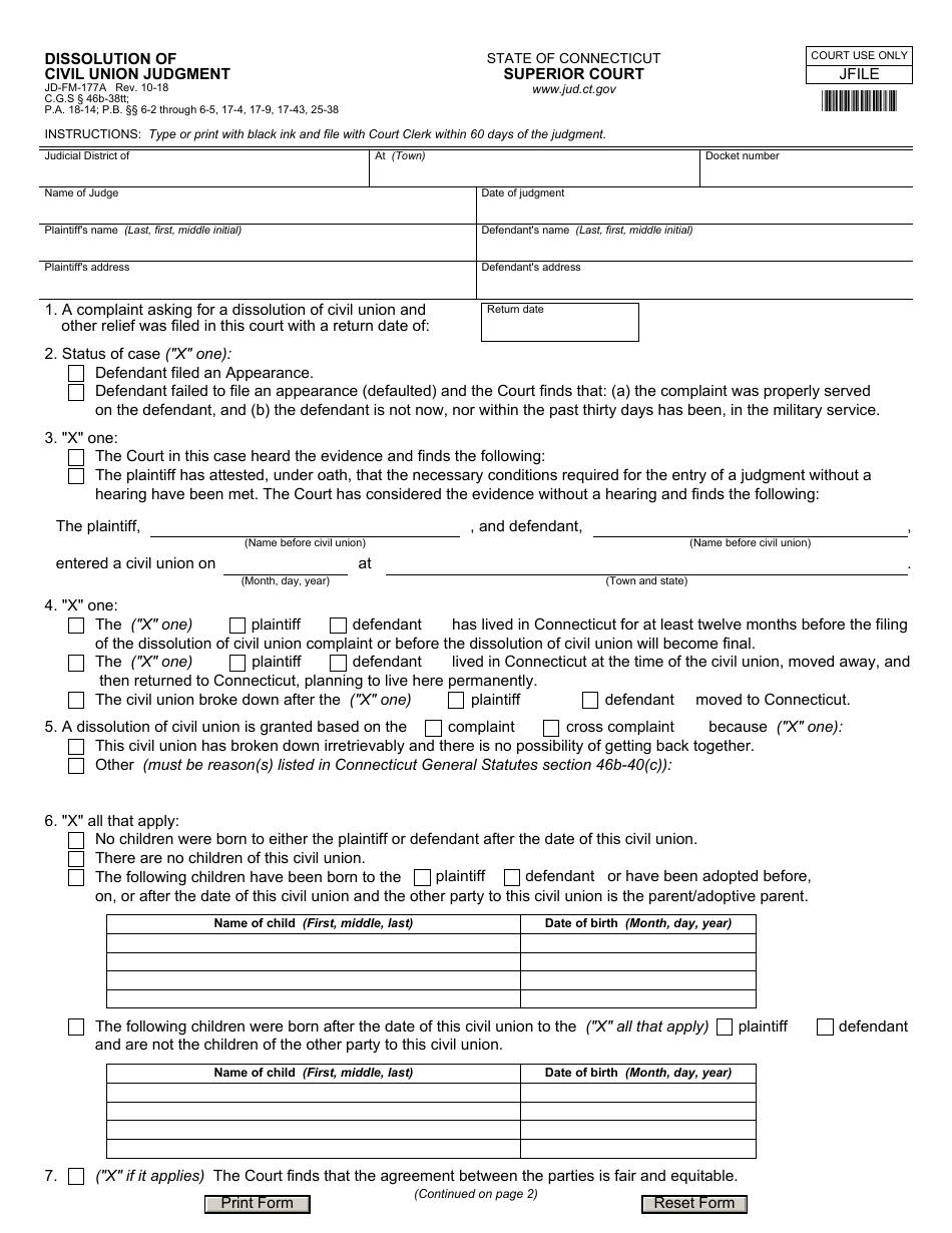 Form JD-FM-177A Dissolution of Civil Union Judgment - Connecticut, Page 1