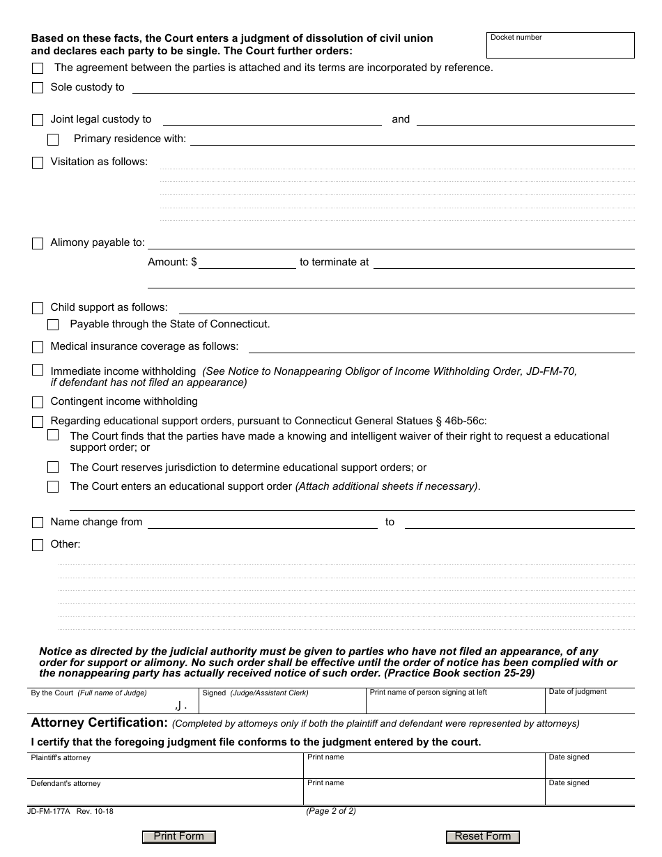 Form JD-FM-177A Dissolution of Civil Union Judgment - Connecticut, Page 2