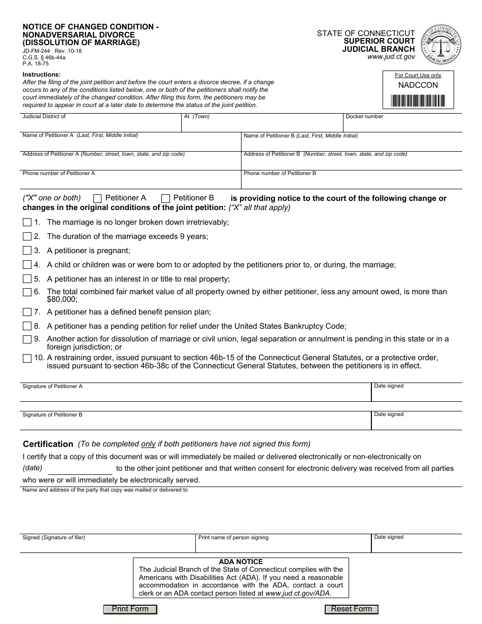Form JD-FM-244 Notice of Changed Condition - Nonadversarial Divorce (Dissolution of Marriage) - Connecticut, Page 1