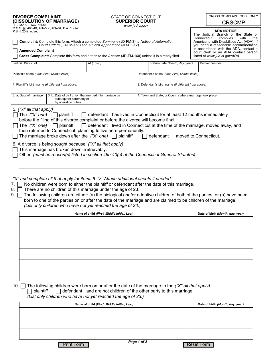 Form JD-FM-159 Divorce Complaint (Dissolution of Marriage) - Connecticut, Page 1