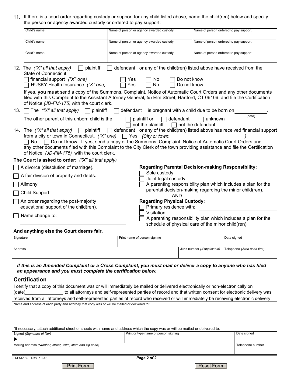 Form JD-FM-159 Divorce Complaint (Dissolution of Marriage) - Connecticut, Page 2