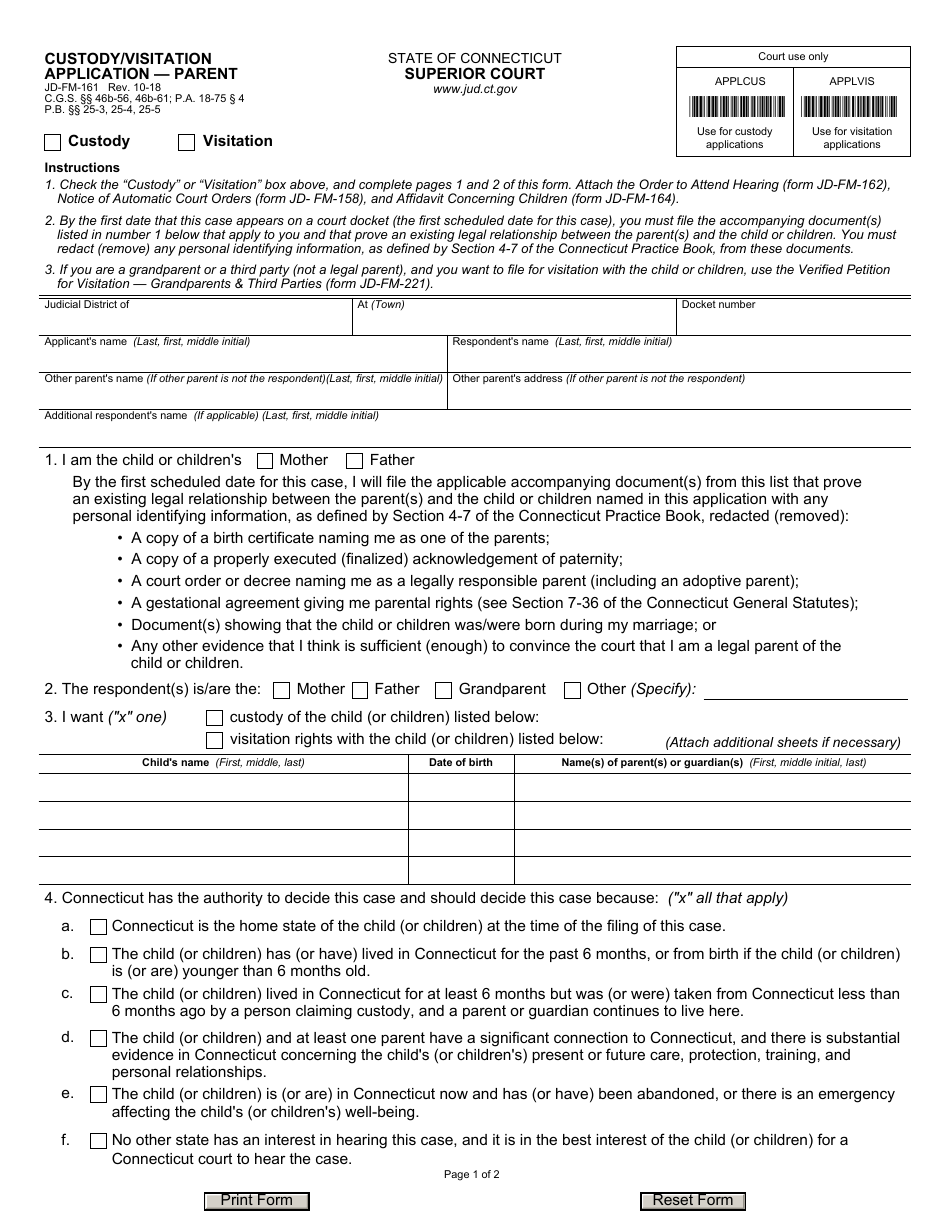 Form JD-FM-161 Custody / Visitation Application - Parent - Connecticut, Page 1