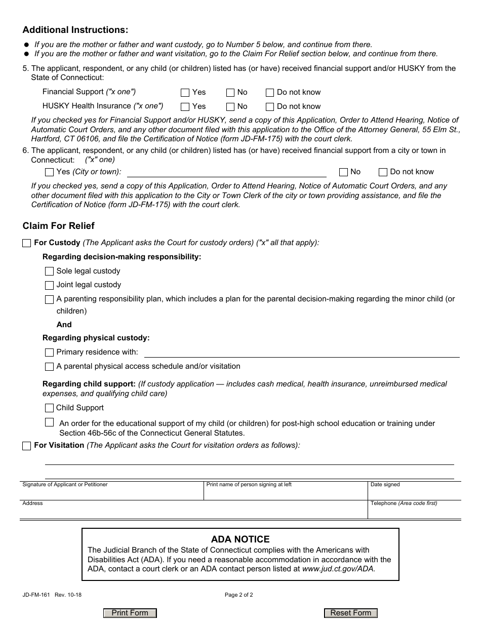 Form JD-FM-161 Download Fillable PDF or Fill Online Custody/Visitation ...