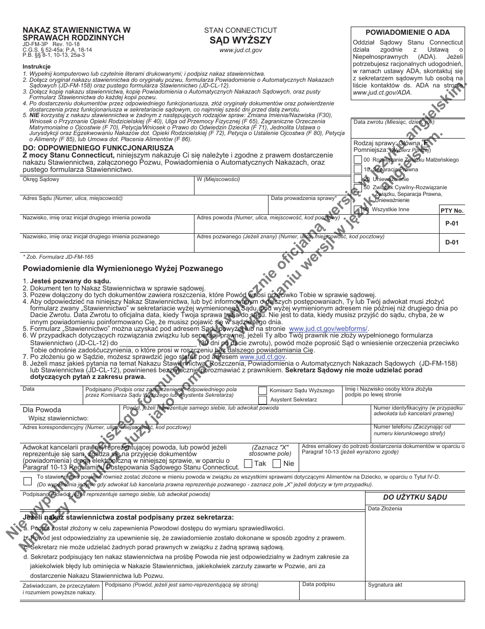 Form JD-FM-3P Summons, Family Actions - Connecticut (Polish), Page 1