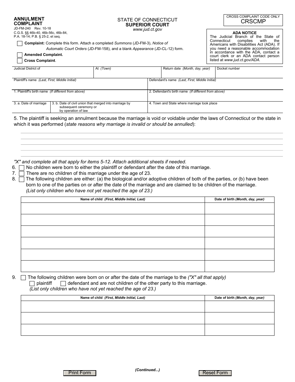 Form JD-FM-240 Annulment Complaint - Connecticut, Page 1