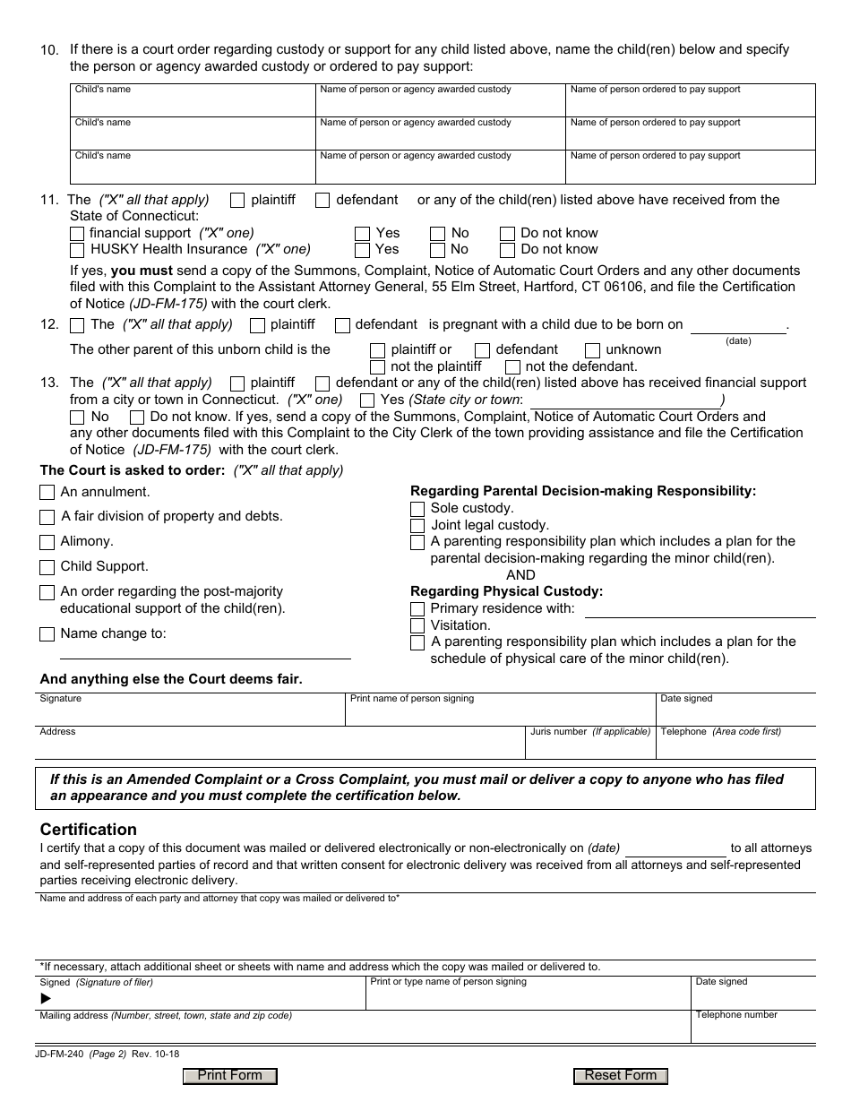 Form JD-FM-240 Annulment Complaint - Connecticut, Page 2