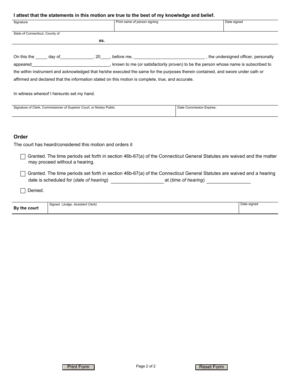 Form JD-FM-272 Motion to Waive Statutory Time Period Upon Defendants Failure to Appear and Affidavit - Divorce or Legal Separation - Connecticut, Page 2