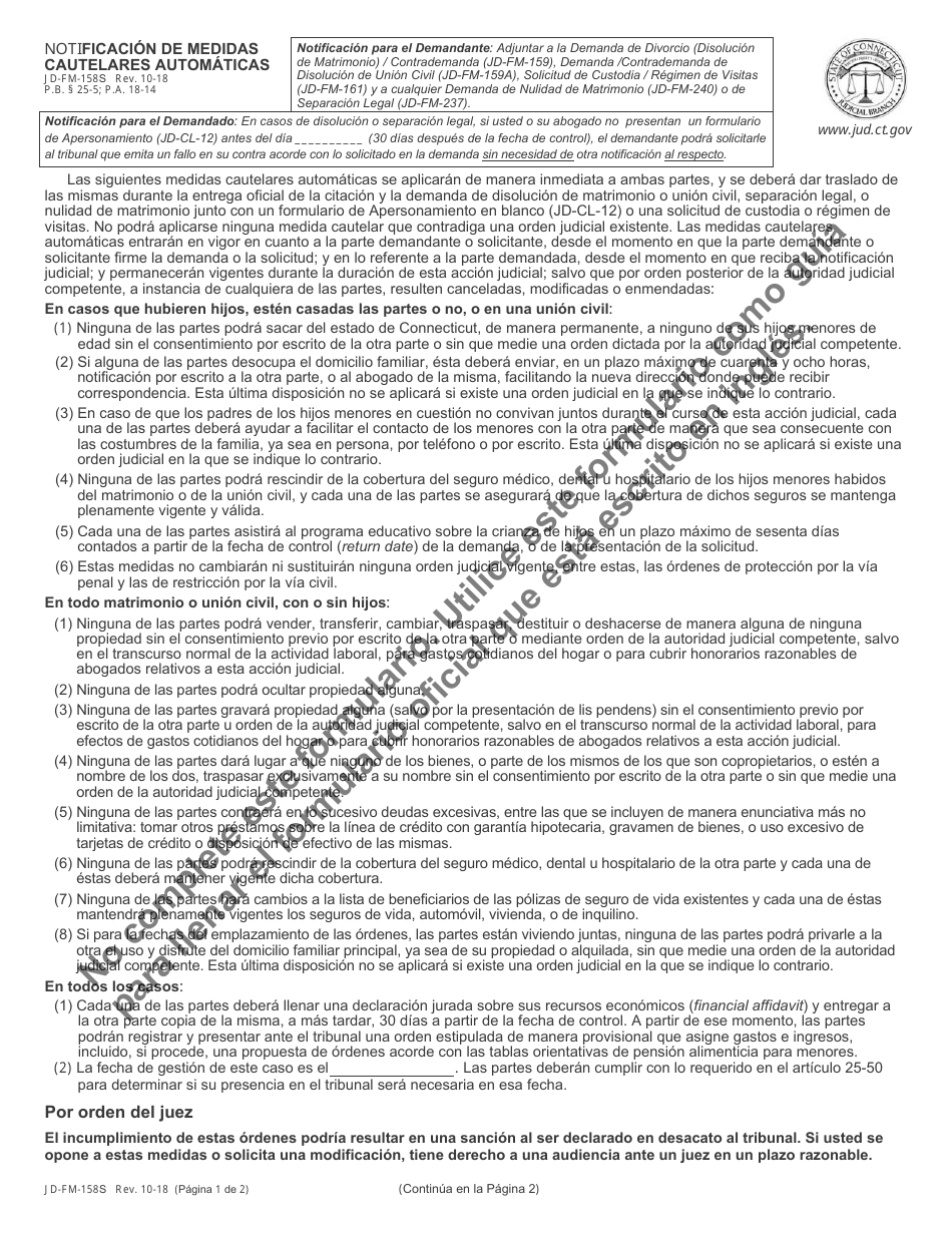 Formulario JD-FM-158S Notificacion De Medidas Cautelares Automaticas - Connecticut (Spanish), Page 1