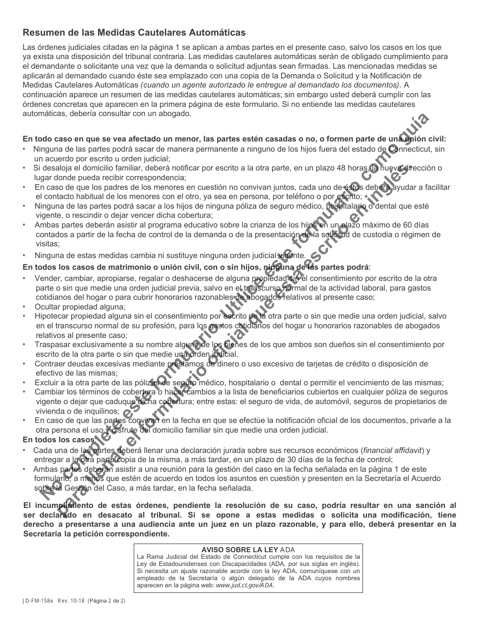 Formulario JD-FM-158S Notificacion De Medidas Cautelares Automaticas - Connecticut (Spanish), Page 2