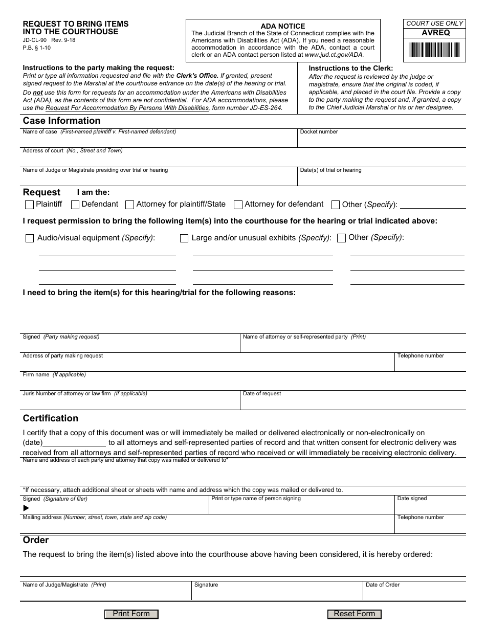 Form JD-CL-90 Request to Bring Items Into the Courthouse - Connecticut, Page 1