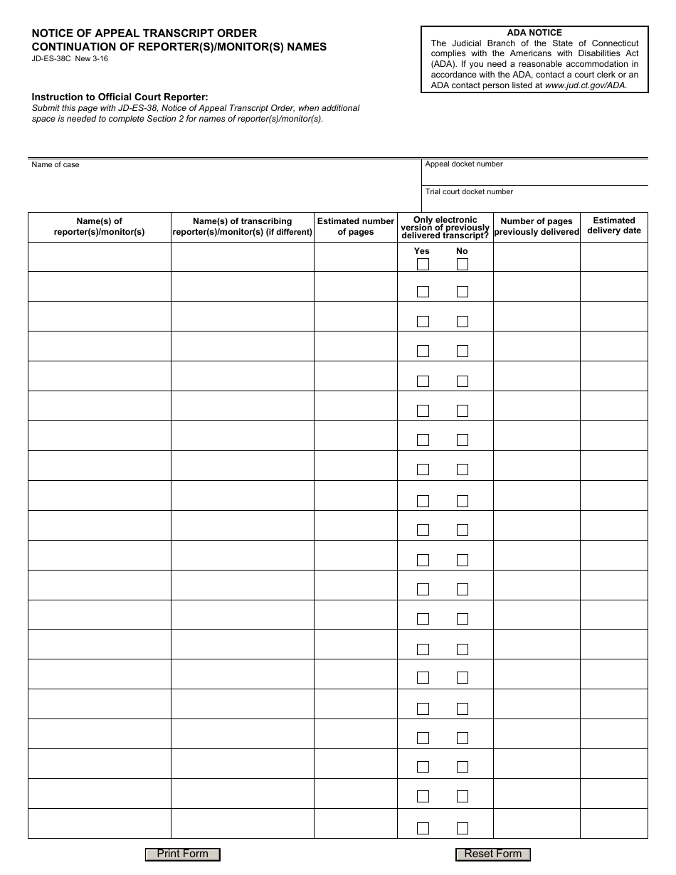 Form JD-ES-38C Notice of Appeal Transcript Order Continuation of Reporter(S) / Monitor(S) Names - Connecticut, Page 1