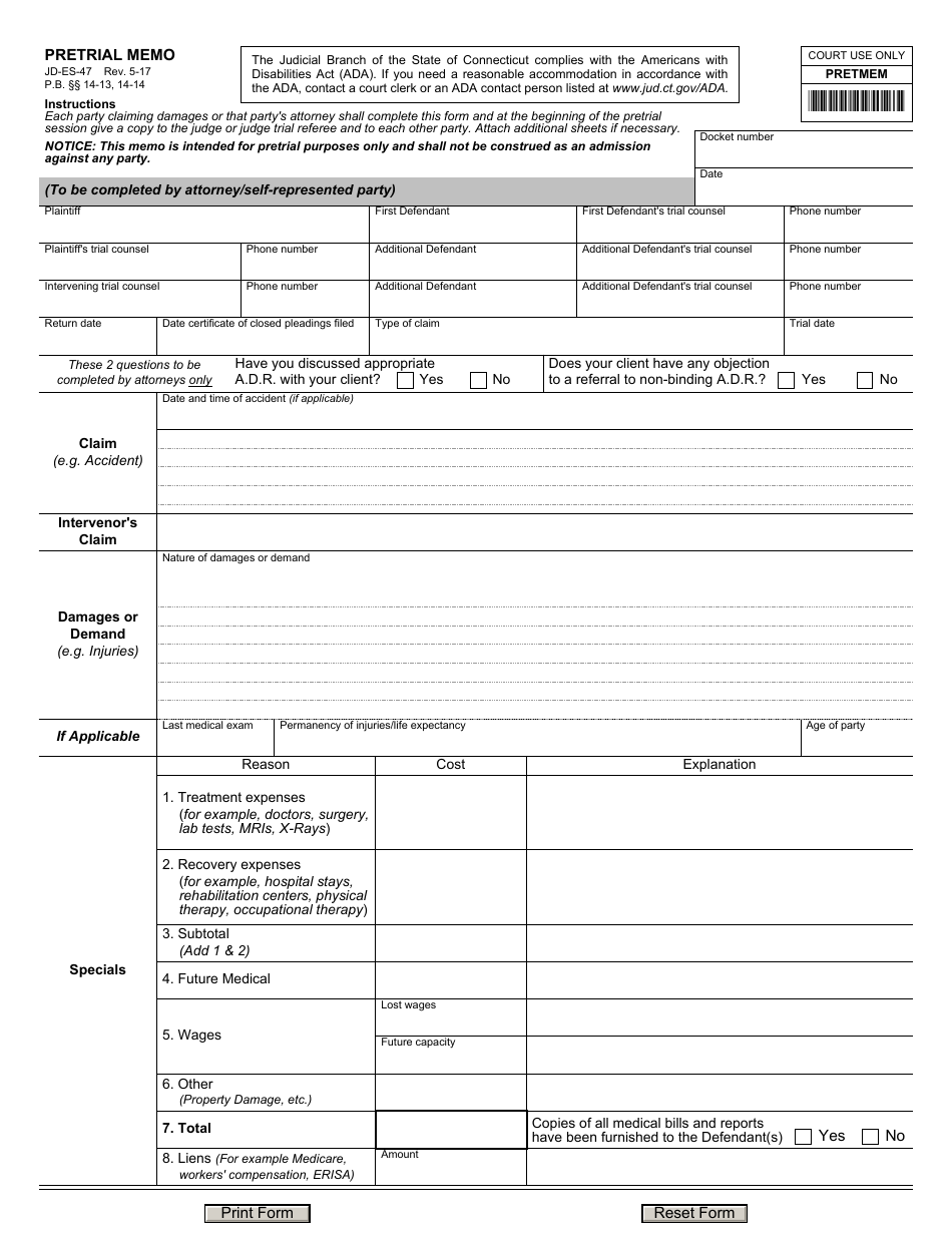 Form JD-ES-47 Pretrial Memo - Connecticut, Page 1