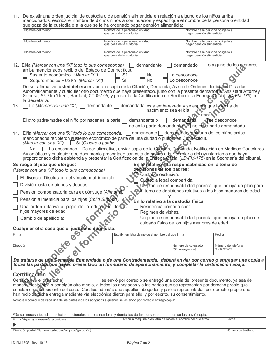 Formulario JD-FM-159S Demanda De Divorcio (Disolucion De Matrimonio) - Connecticut (Spanish), Page 2
