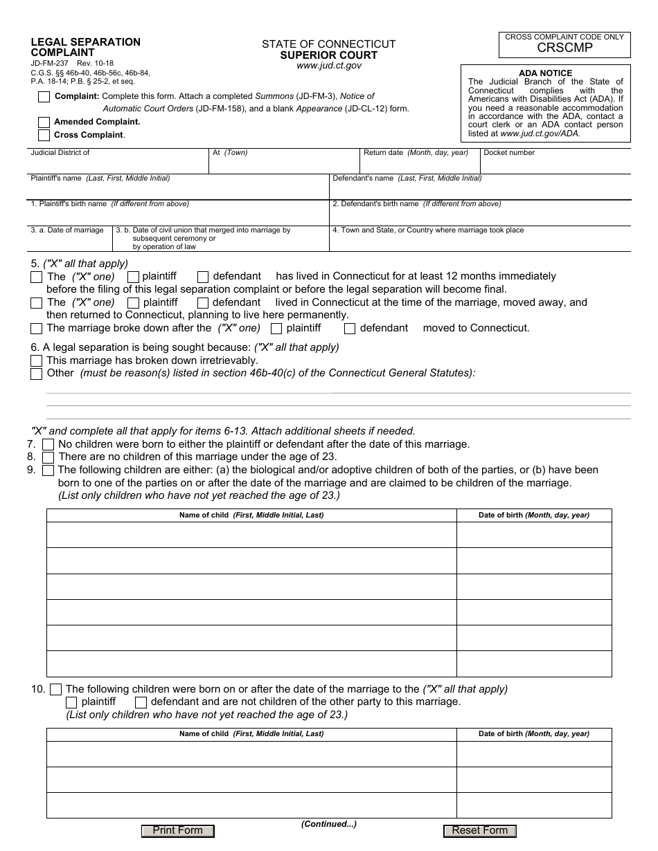 Form JD-FM-237 Legal Separation Complaint - Connecticut, Page 1