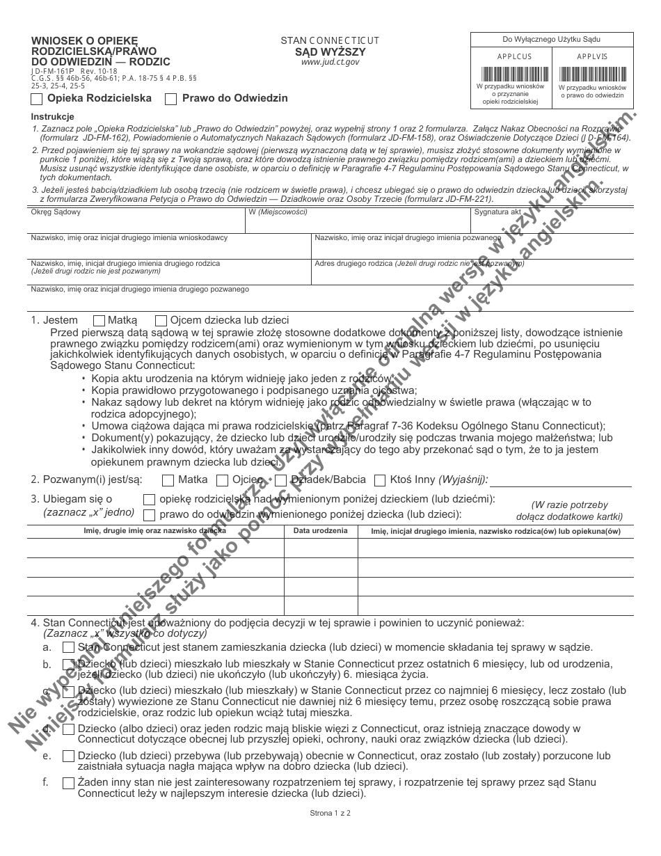 Form JD-FM-161P Custody / Visitation Application - Parent - Connecticut (Polish), Page 1