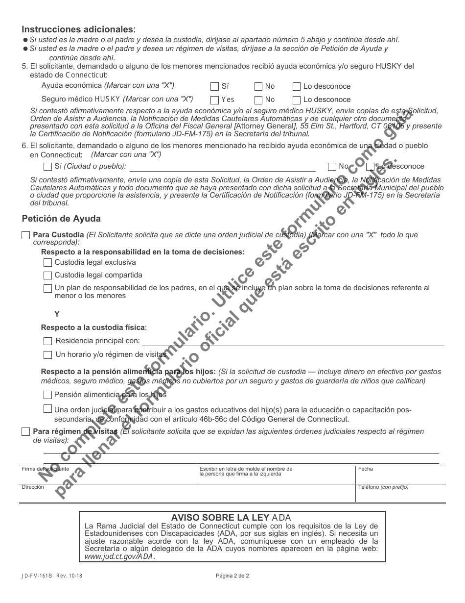 Formulario JD-FM-161S Solicitud De Custodia / Regimen De Visitas - Padres - Connecticut (Spanish), Page 2