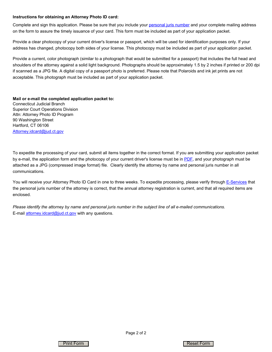 Form JD-ES-229 Attorney Photo Id Card Application - Connecticut, Page 2