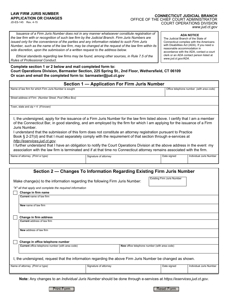 Form JD-ES-145 Law Firm Juris Number Application or Changes - Connecticut, Page 1