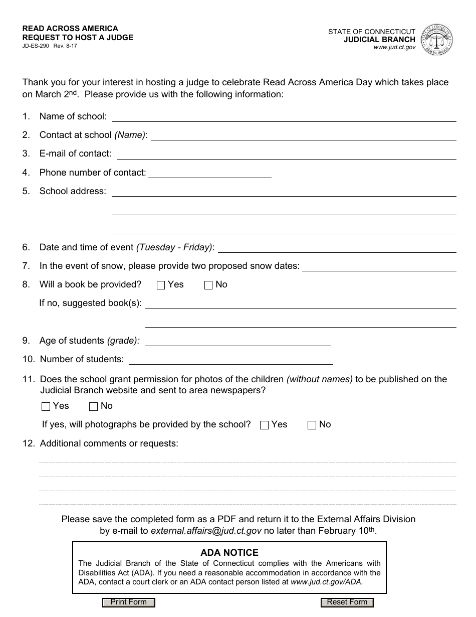 Form JD-ES-290 Read Across America Request to Host a Judge - Connecticut, Page 1