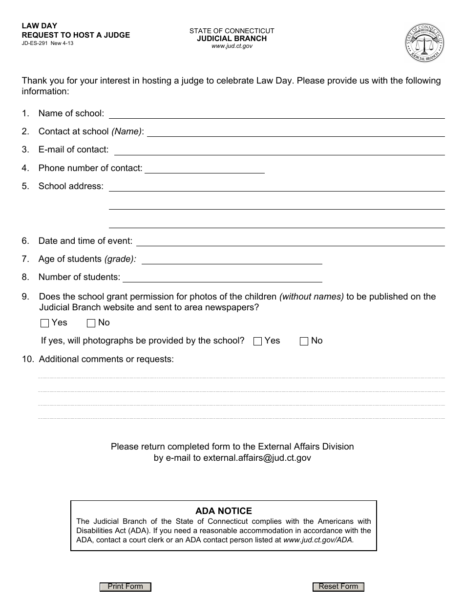 Form JD-ES-291 Law Day Request to Host a Judge - Connecticut, Page 1