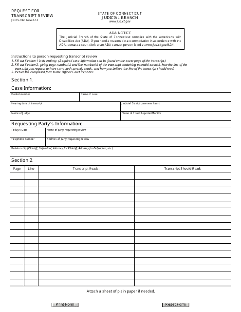 Form JD-ES-302 Request for Transcript Review - Connecticut
