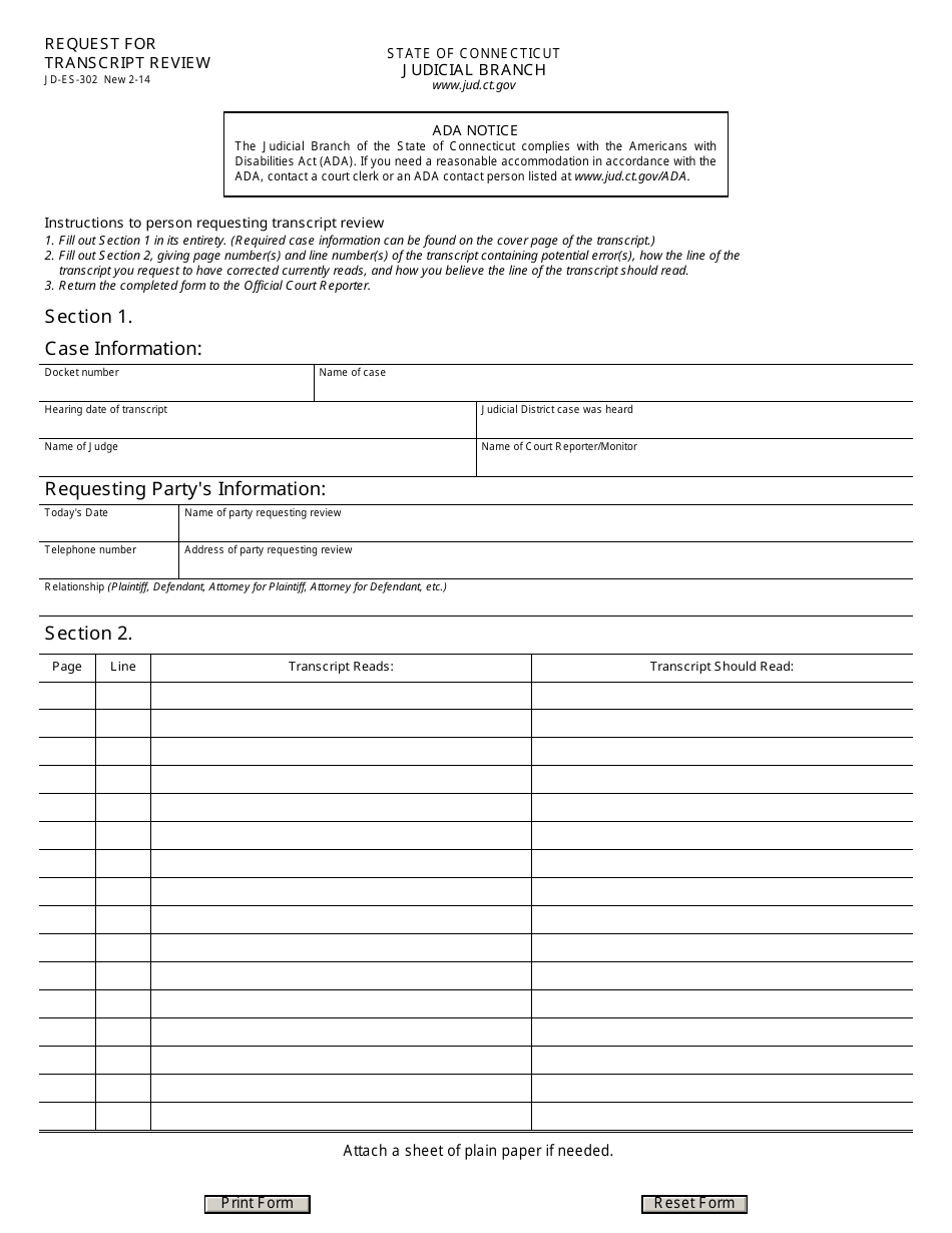 Form JD-ES-302 Request for Transcript Review - Connecticut, Page 1