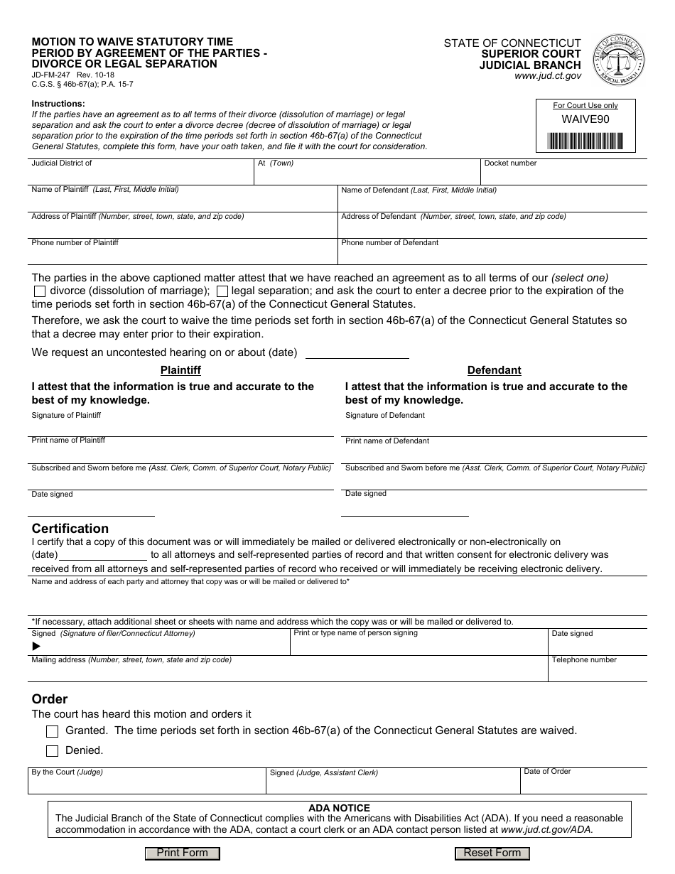 Form JD-FM-247 Motion to Waive Statutory Time Period by Agreement of the Parties - Divorce or Legal Separation - Connecticut, Page 1