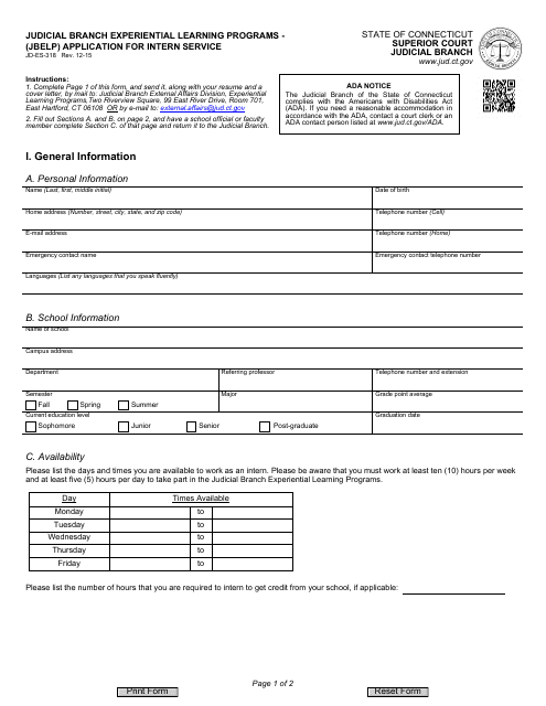 Form JD-ES-318 Judicial Branch Experiential Learning Programs - (Jbelp) Application for Intern Service - Connecticut