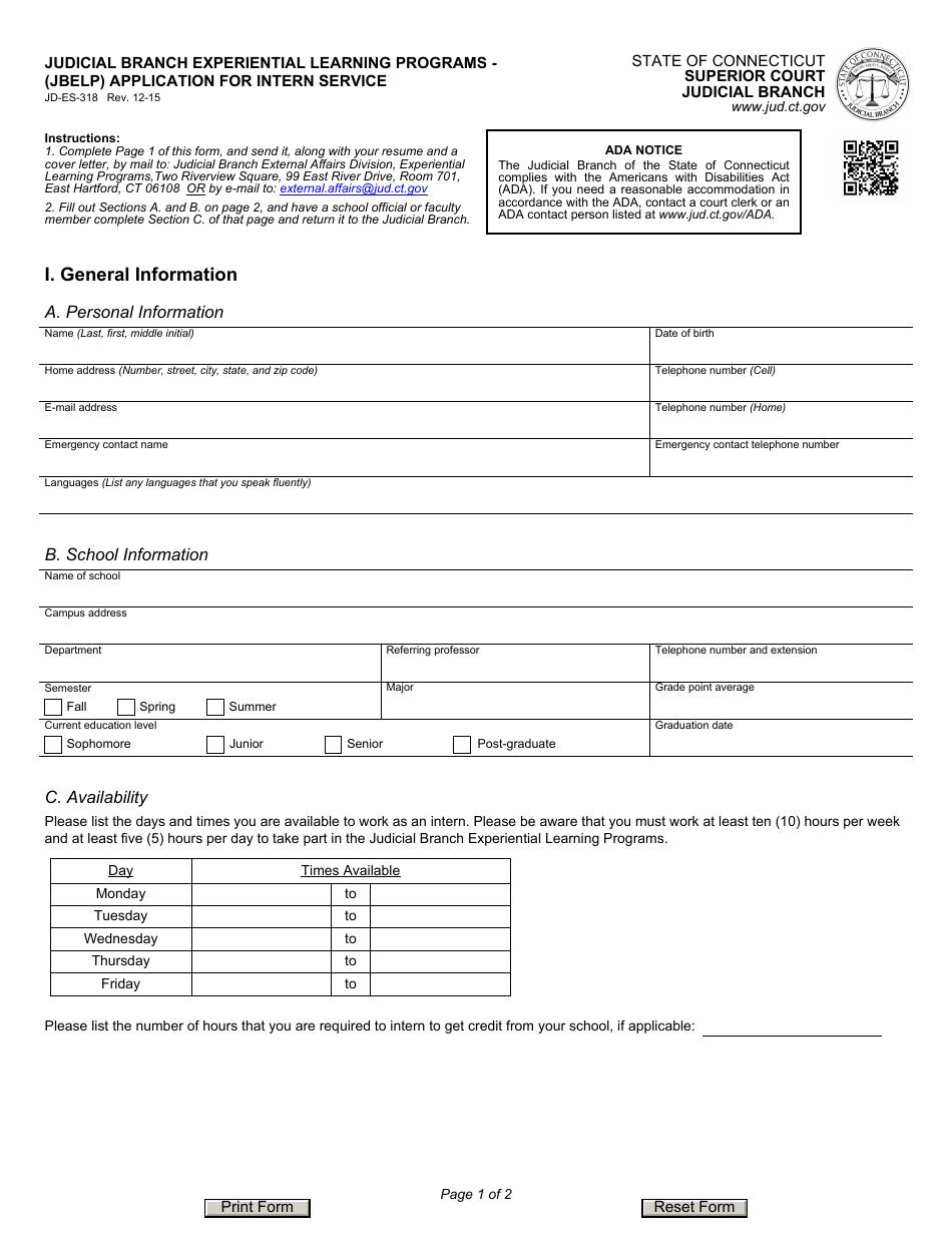 Form JD-ES-318 Judicial Branch Experiential Learning Programs - (Jbelp) Application for Intern Service - Connecticut, Page 1